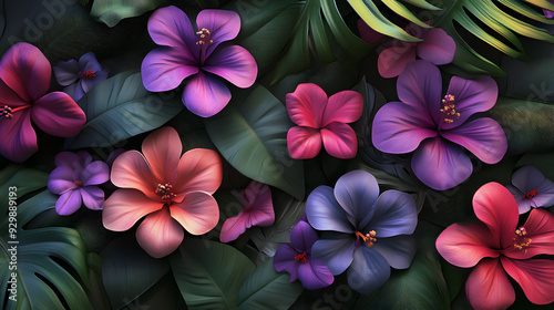 Close-up of pink, blue, orange and purple flowers, showcasing nature's beauty in a vibrant garden setting