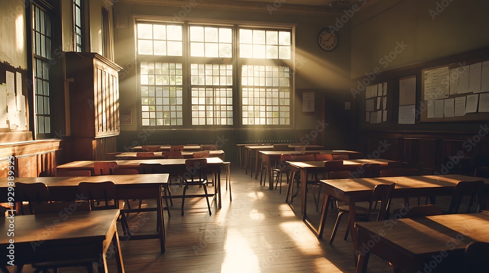 Empty Modern Classroom In the School Interior, Back to School Concept Book, Chair, table 3D Render. Empty Modern Classroom In the School Interior, Back to School Concept Book, Chair, table 3D Render.