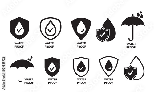 Waterproof icons Water Proof symbol Collection of water resistant signs Water protection liquid proof protection Shield with water drop. Water  Used for package. Vector illustration. photo