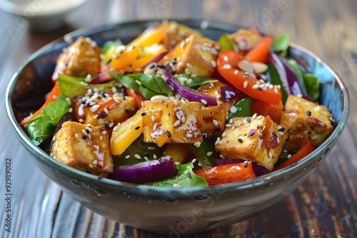 Tofu Salad with Bell Peppers, Red Onion, and Sesame Seeds.