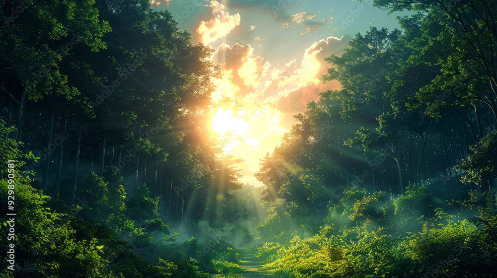 Sunbeams Illuminating a Path Through a Lush Forest Sunbeams Illuminating a Path Through a Lush Forest