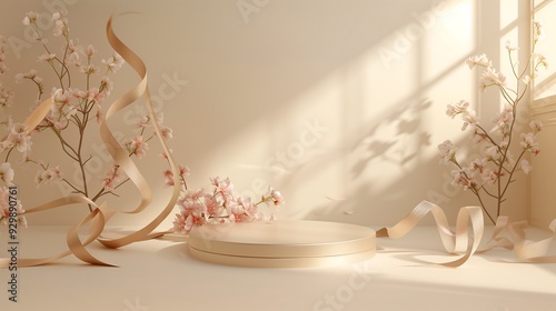small podium background, warm color with ribbons 01