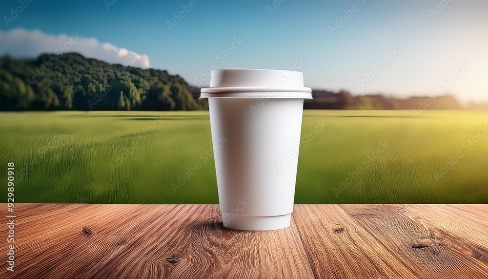 Coffee Ready: White To-Go Cup Mockup on Wooden Table Coffee Ready: White To-Go Cup Mockup on Wooden Table