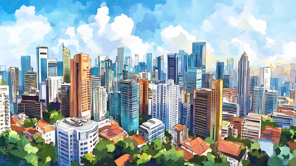 Obraz premium Watercolor Cityscape with Lush Greenery