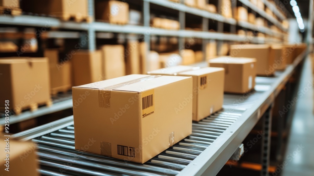 Cardboard Boxes on Conveyor Belt in a Warehouse Cardboard Boxes on Conveyor Belt in a Warehouse