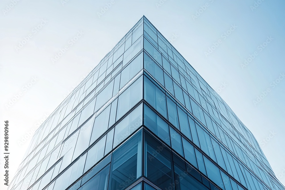 Modern office building with glass facade and blue sky background. Panoramic banner Modern office building with glass facade and blue sky background. Panoramic banner