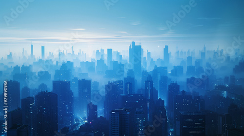 Foggy cityscape of modern skyscrapers during early morning in a metropolis