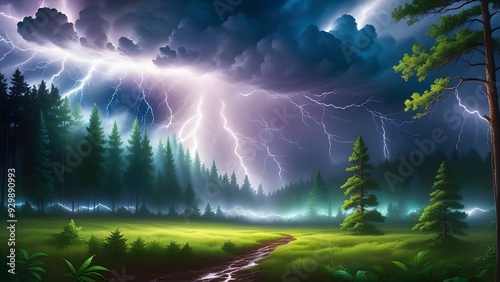 Fantasy landscape with a road in the forest and lightning in the sky, Illustration photo