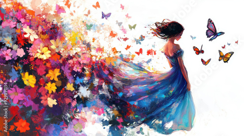 High-resolution image of a girl in a long dress with flowers and butterflies, colorful flowers flying in front 