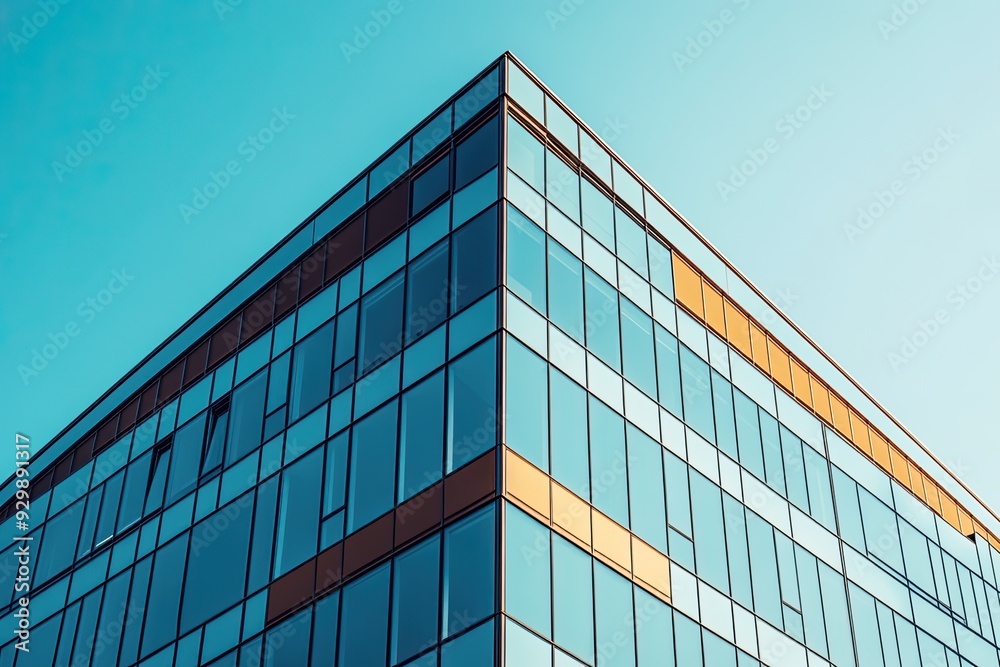 Modern office building with glass facade and blue sky background. Panoramic banner Modern office building with glass facade and blue sky background. Panoramic banner
