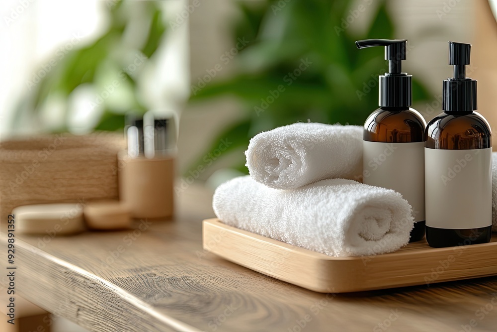 Set of cosmetic products on table against blurred background, space for text Set of cosmetic products on table against blurred background, space for text