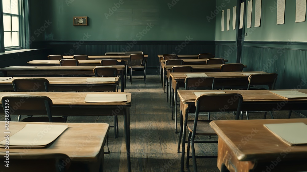 Fototapeta premium Empty Modern Classroom In the School Interior, Back to School Concept Book, Chair, table 3D Render.
