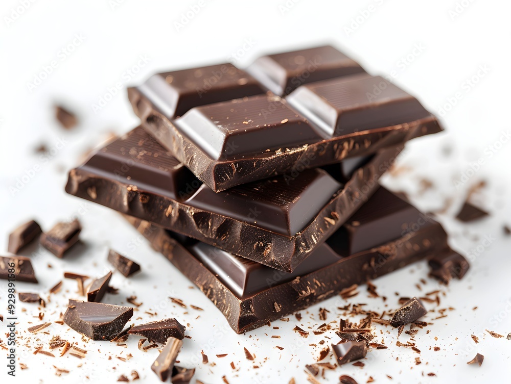 Stack of dark chocolate bars with shavings on a white background