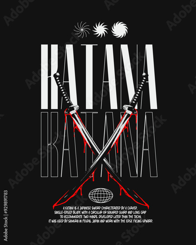 Katana t shirt design, japanese sword graphic t shirt design for print, vector illustration