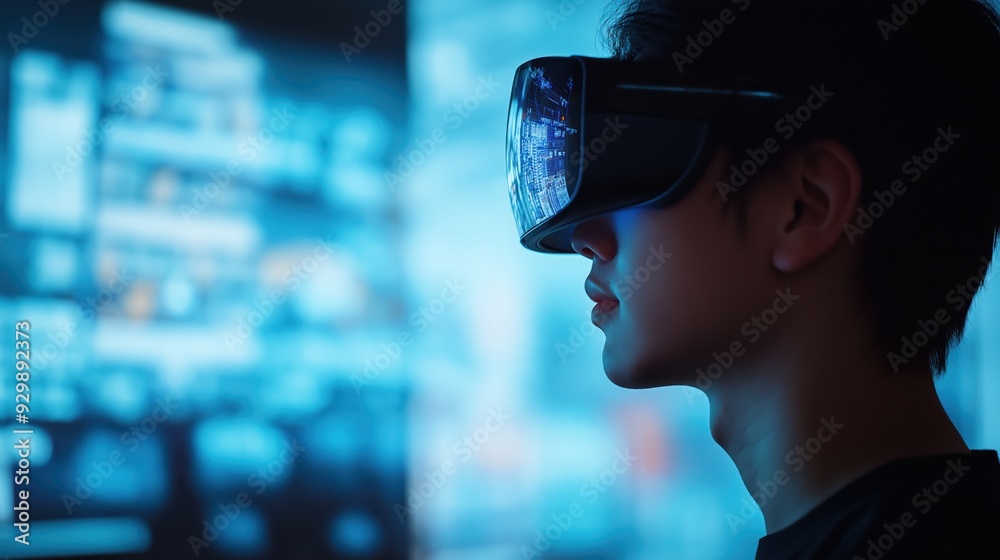 A man wearing a virtual reality headset is looking at a computer screen A man wearing a virtual reality headset is looking at a computer screen