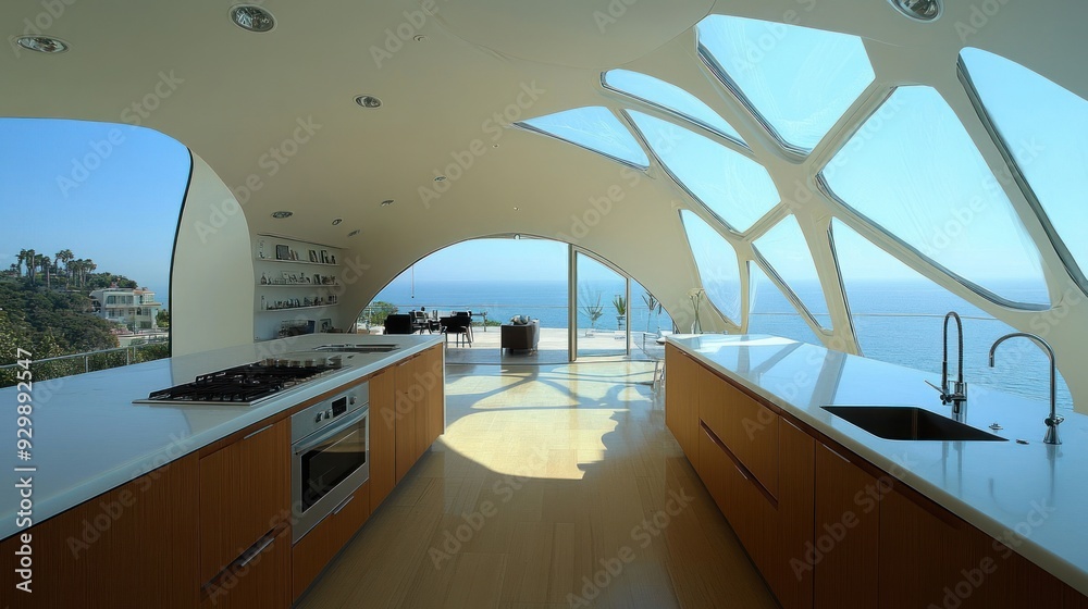 Fototapeta premium Modern kitchen with large windows overlooking the ocean.