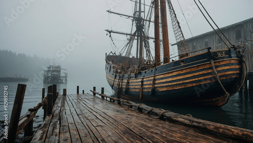 Vintage wooden ship docked at an old pier, with ropes and barrels around, set against a foggy backdrop.