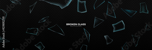 Broken glass shatter and piece. Realistic vector illustration set of explode mirror shard fragment. flying transparent sharp debris elements of smithereens beaten crystal or ice on dark background.