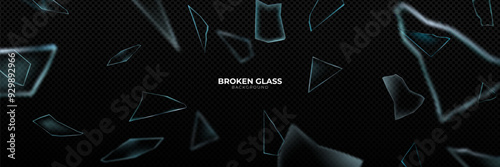 Broken glass shatter and piece. Realistic vector illustration set of explode mirror shard fragment. flying transparent sharp debris elements of smithereens beaten crystal or ice on dark background.