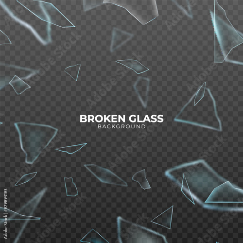 Broken glass shatter and piece. Realistic vector illustration set of explode mirror shard fragment. flying transparent sharp debris elements of smithereens beaten crystal or ice on dark background.