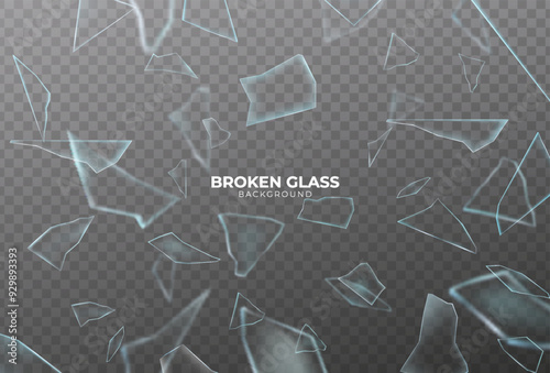 Broken glass shatter and piece. Realistic vector illustration set of explode mirror shard fragment. flying transparent sharp debris elements of smithereens beaten crystal or ice on dark background.