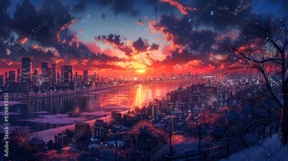 Cityscape with a Red Sunset and Snowy Landscape Cityscape with a Red Sunset and Snowy Landscape