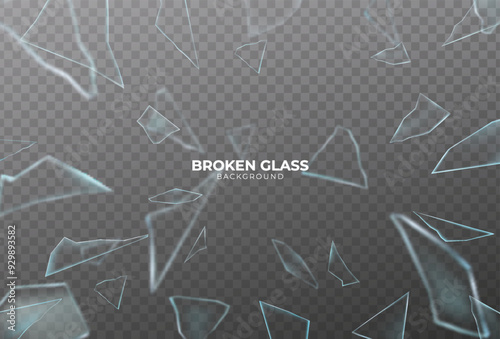 Broken glass shatter and piece. Realistic vector illustration set of explode mirror shard fragment. flying transparent sharp debris elements of smithereens beaten crystal or ice on dark background.