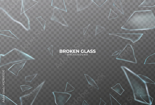 Broken glass shatter and piece. Realistic vector illustration set of explode mirror shard fragment. flying transparent sharp debris elements of smithereens beaten crystal or ice on dark background.