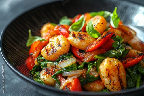 Delicious Grilled Capsicum Gnocchi with Spinach and Onions in a Black Bowl Generative AI