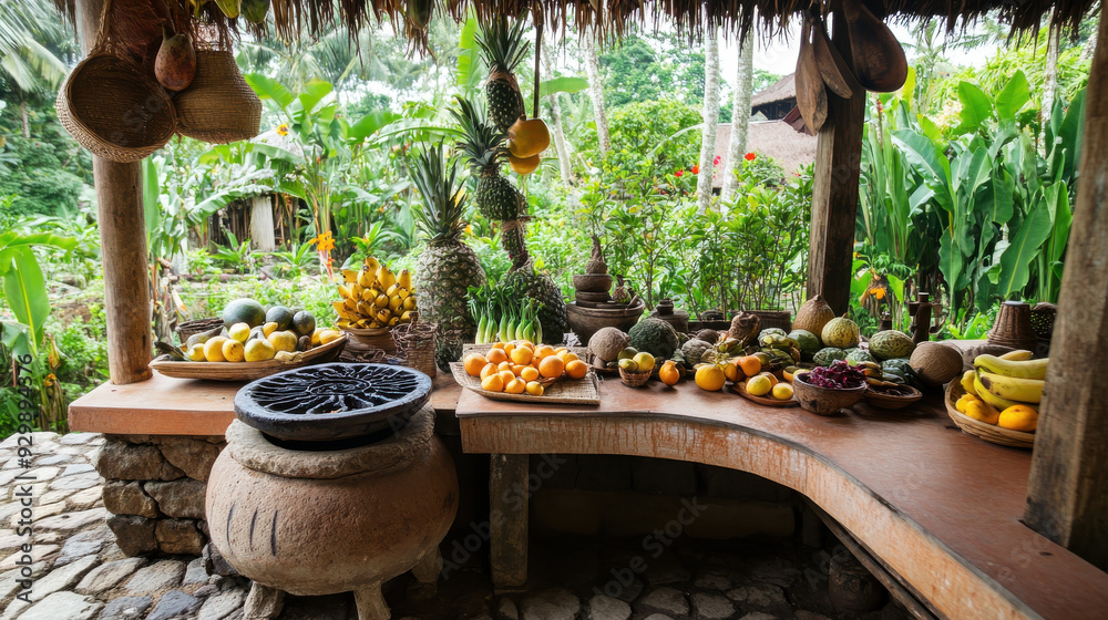 Indonesian kitchen with a traditional clay stove and tropical fruits Indonesian kitchen with a traditional clay stove and tropical fruits