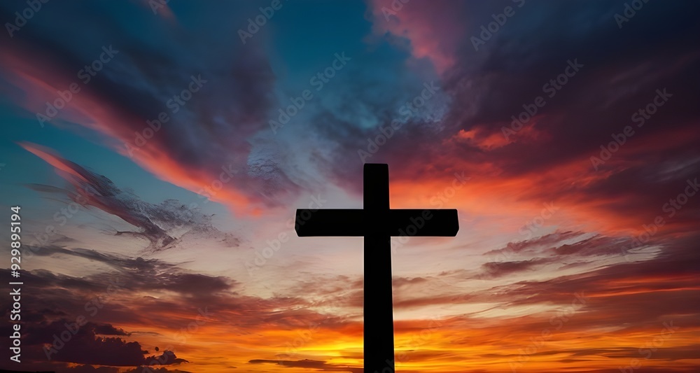 Cross silhouette with colorful sunset sky
Cross silhouette with colorful sunset sky