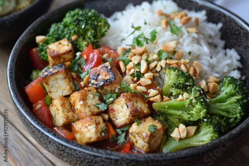 Spicy Satay Tofu with Broccoli, Peanuts, and Vegetables, Healthy Asian-Inspired Meal Generative AI