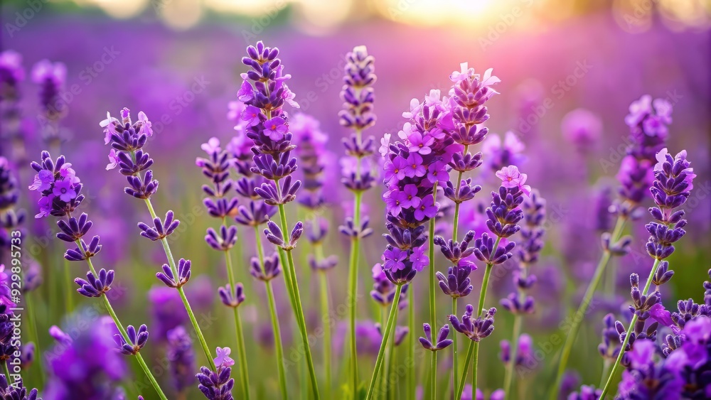Naklejka premium Vibrant violet lavender flowers bloom in a lush field, showcasing delicate purple petals and soft green stems against a serene natural background.