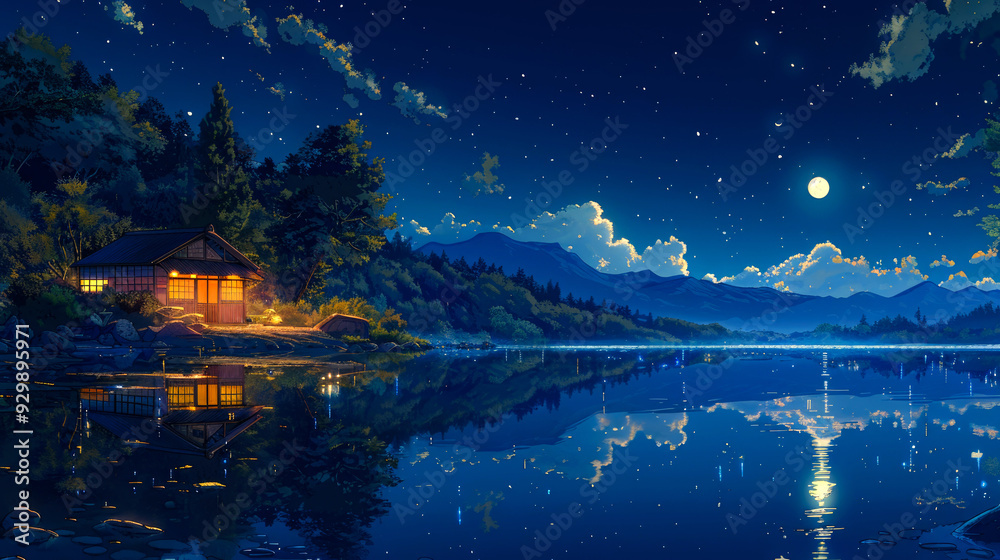 Obraz premium A Cabin by a Lake Under a Starry Night Sky