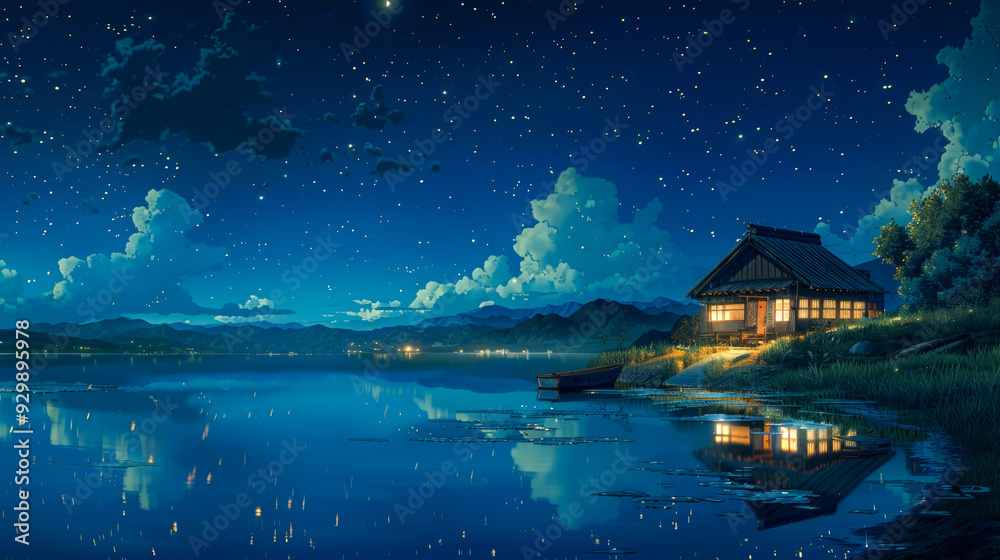 Tranquil Lakeside Cabin Under a Starry Night Sky Tranquil Lakeside Cabin Under a Starry Night Sky