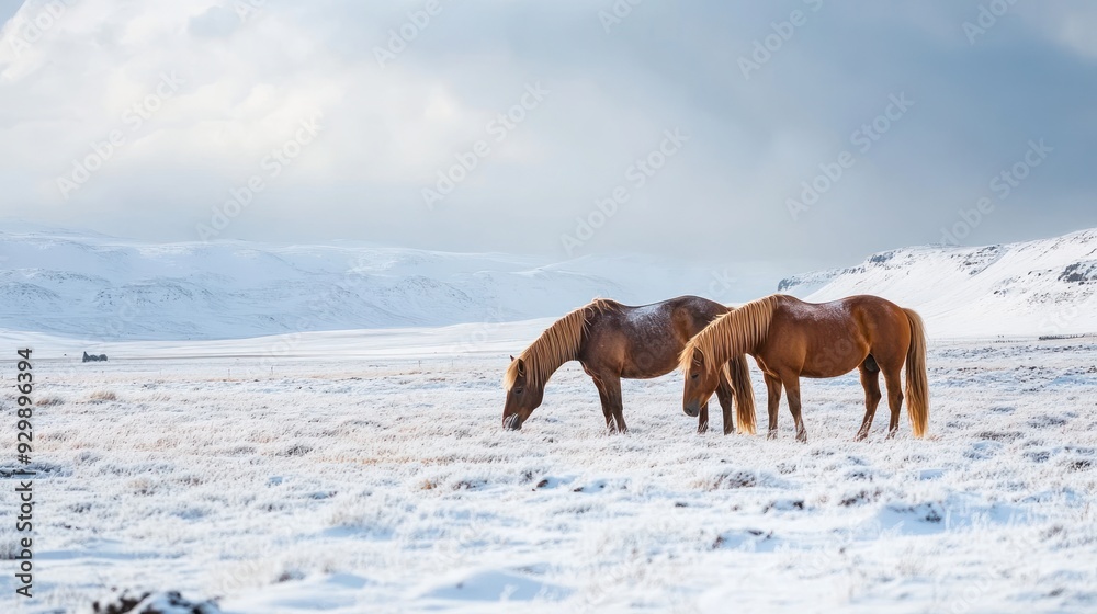 Icelandic Horses Grazing in Winter Wonderland Icelandic Horses Grazing in Winter Wonderland