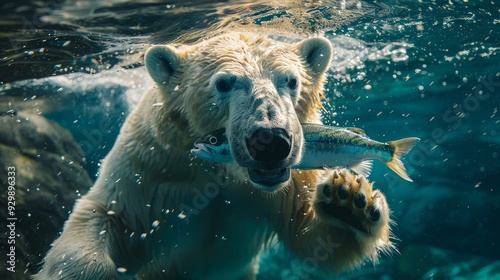 In the wild dance of predator and prey, an underwater polar bear seizes a fish, showcasing its unique hunting ability. photo