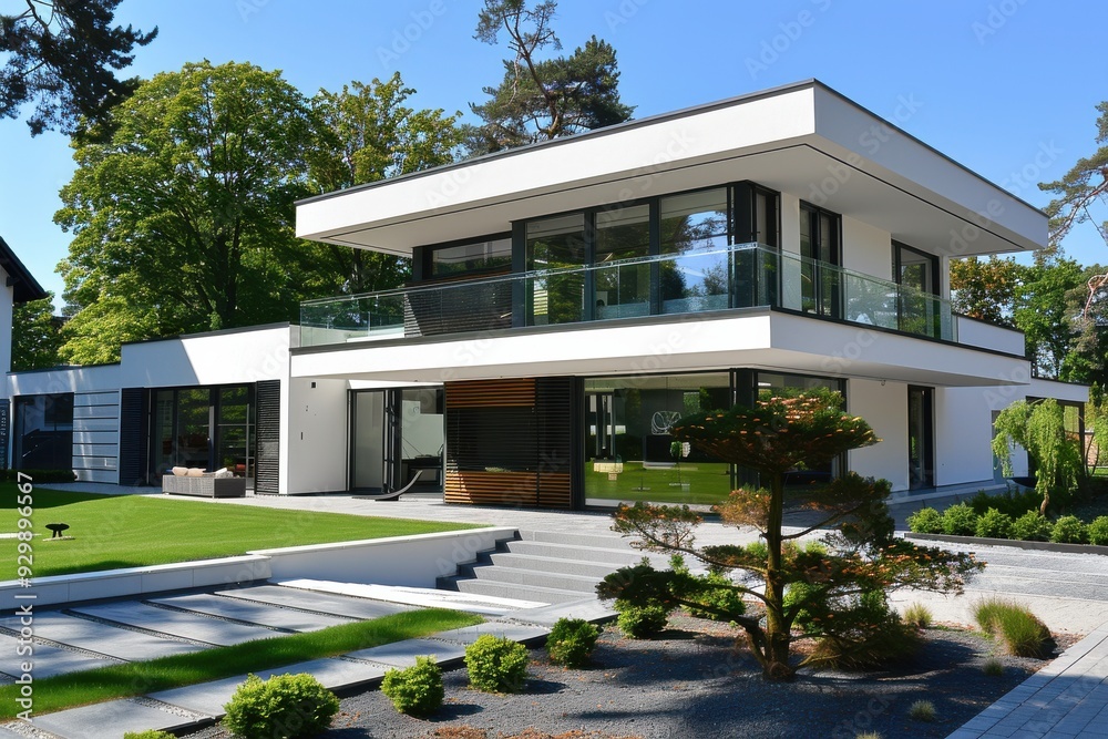 Modern Architecture House with Green Lawn and Trees. Modern Architecture House with Green Lawn and Trees.