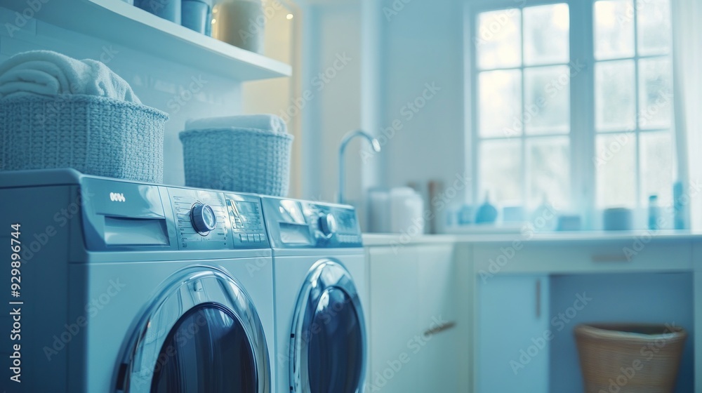 Modern Laundry Room with Two Washing Machines and a Basket of Towels. Modern Laundry Room with Two Washing Machines and a Basket of Towels.