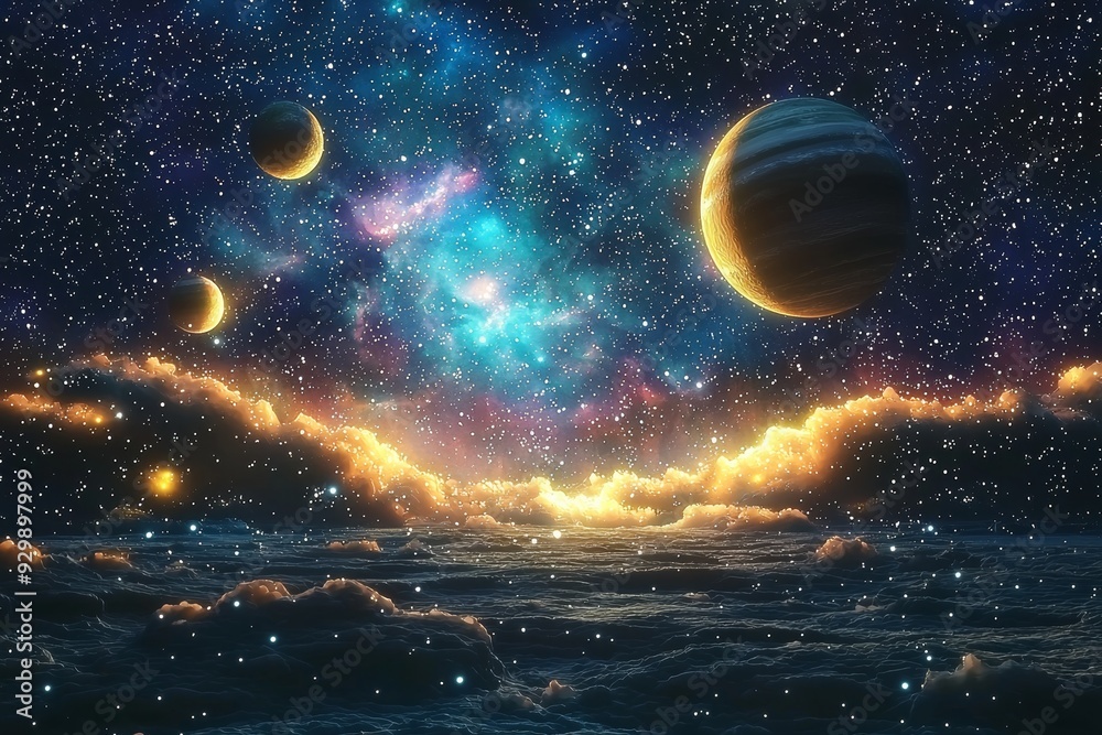 Space cosmic illustration with planets scene created with Generative AI