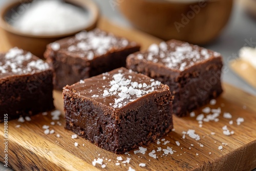 Delicious Salted Caramel Fudge Brownies on a Wooden Benchtop, Perfect for Baking and Food Blogging Generative AI