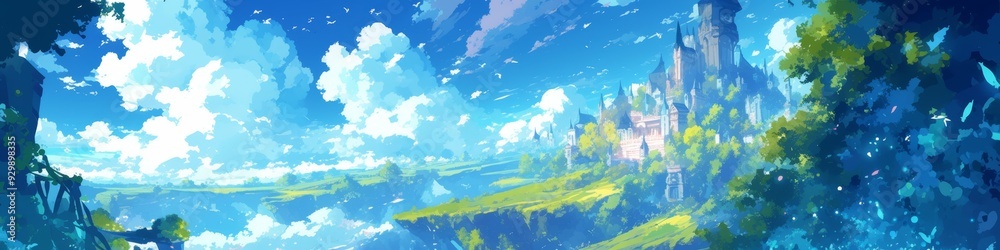 Fototapeta premium Whimsical Anime-Inspired Mountain Landscape: Creative Abstract Design in Brown and Pink Hues. Captivating UI Decoration for Web Marketing Posters and 4K Wallpapers. Artistic Background Illustration fo