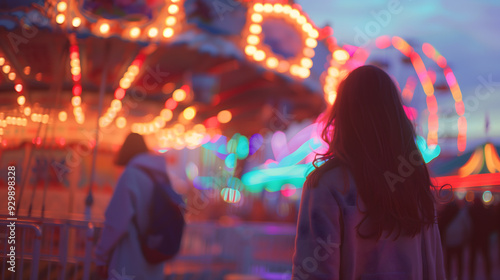 A girl standing in front of an amusement park ride. blurred background with colorful vibrant lights. defocused background, bokeh, carnival, dreamy vibe. 