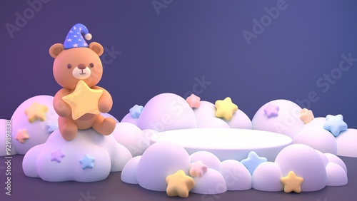 3d rendered cute bear with star and empty podium.