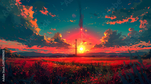 A Tall Tower Silhouetted Against a Vivid Sunset Over a Field of Red Flowers