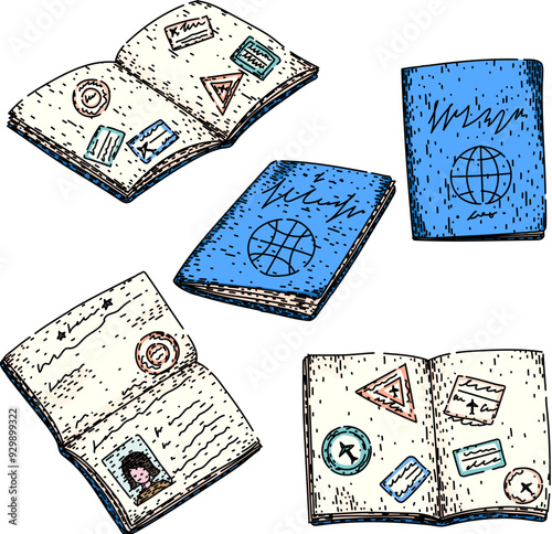 passport set hand drawn. document international, embassy consulate, citizenship immigration passport vector sketch. isolated color illustration