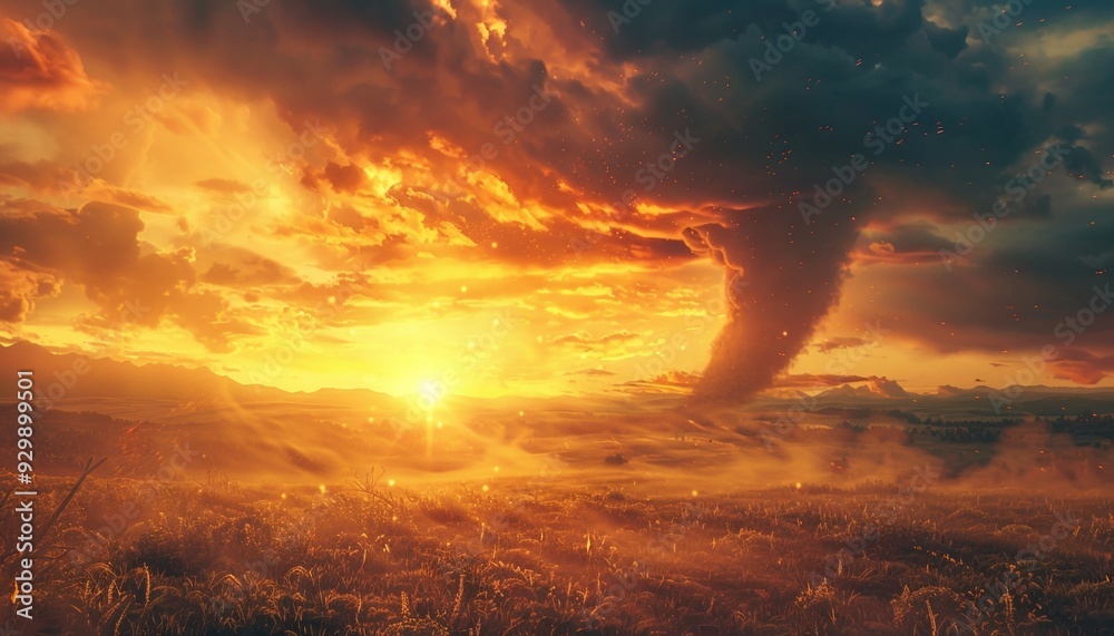 Fototapeta premium Massive Twister Engulfs Lush Plains Under Golden Sunset Sky Striking Nature Scene