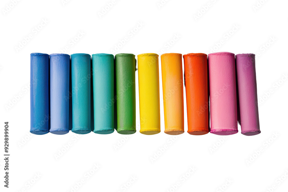 Fototapeta premium Colorful cylindrical objects arranged in a gradient, perfect for creative projects, teaching materials, or artistic displays.