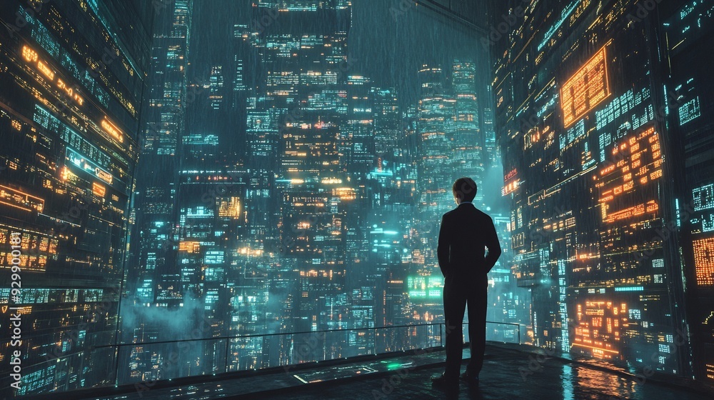 Futuristic Cityscape with a Solitary Figure Futuristic Cityscape with a Solitary Figure