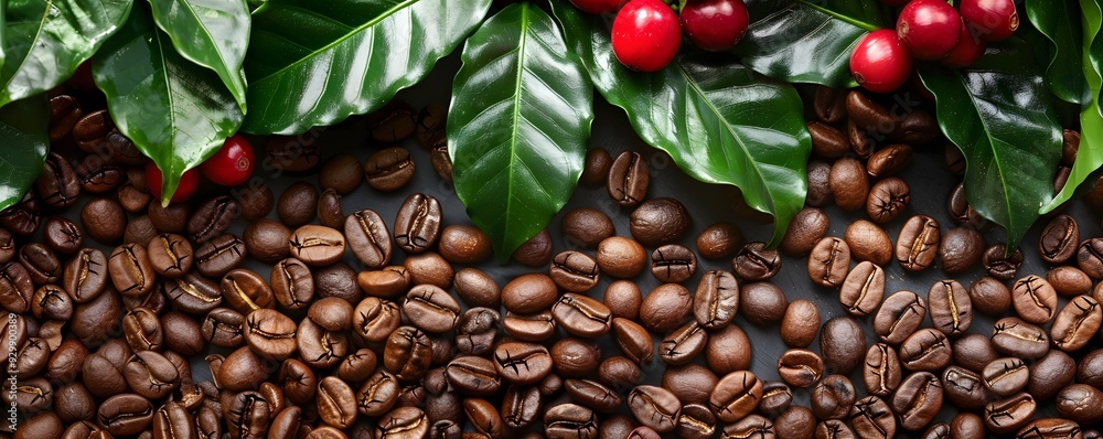 Obraz premium Roasted Coffee Beans with Green Leaves and Red Coffee Berries